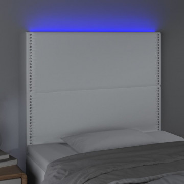 Tăblie de pat cu LED, alb, 100x5x118/128 cm, piele ecologică - Img 3