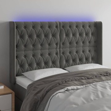 Tăblie de pat cu LED, gri închis, 147x16x118/128 cm, catifea - Img 1