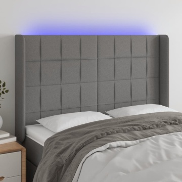 Tăblie de pat cu LED, gri închis, 147x16x118/128 cm, textil - Img 1