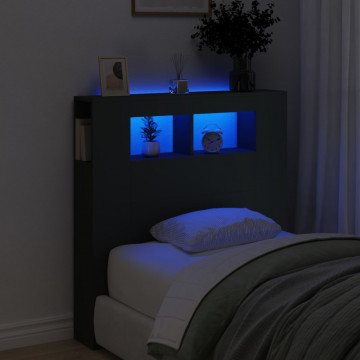 Tăblie de pat cu LED, negru, 100x18,5x103,5 cm, lemn - Img 1