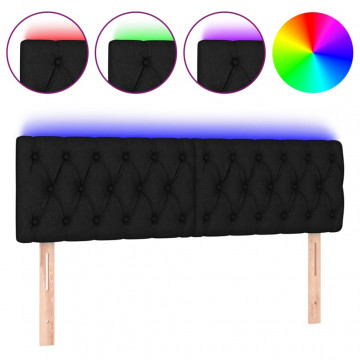 Tăblie de pat cu LED, negru, 144x7x78/88 cm, textil - Img 2
