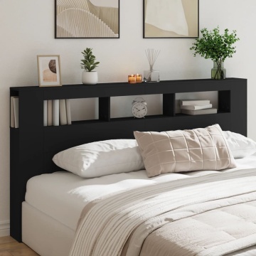 Tăblie de pat cu LED, negru, 200x18,5x103,5 cm, lemn prelucrat - Img 1