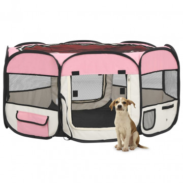 Țarc de câini pliabil cu sac de transport, roz, 145x145x61 cm - Img 1