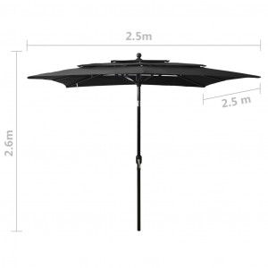 Umbrelă de soare 3 niveluri, stâlp aluminiu, negru, 2,5x2,5 m - Img 7