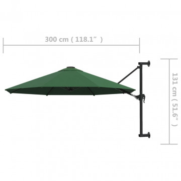 Umbrelă soare, montaj pe perete, tijă metalică, verde, 300 cm - Img 7