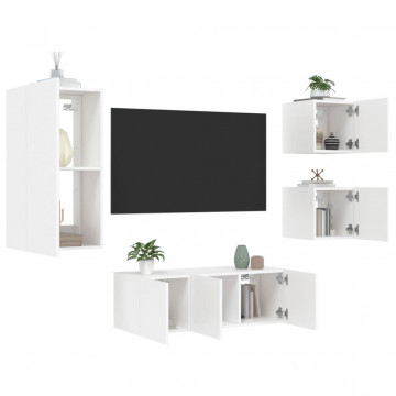 Unități de perete TV cu LED-uri, 5 piese, alb, lemn prelucrat - Img 1