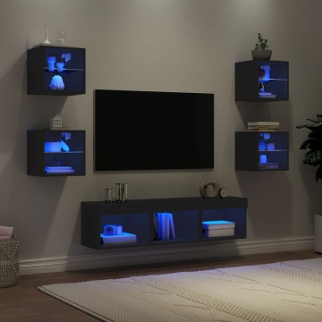 Unități de perete TV cu LED-uri, 7 piese, negru, lemn prelucrat - Img 1
