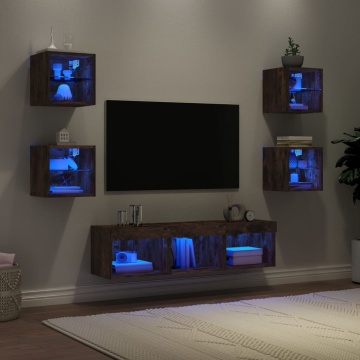 Unități de perete TV cu LED-uri, 7 piese, stejar fumuriu, lemn - Img 1