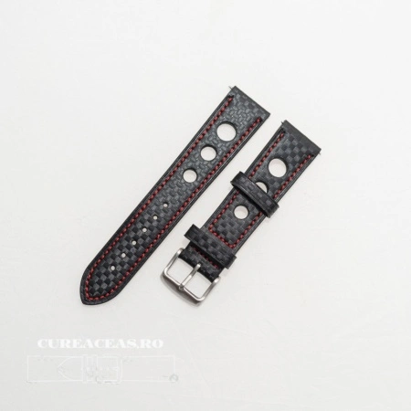 Curea piele GRAND PRIX fibra carbon neagra, cusături roșii 18mm - 38215 - Img 2
