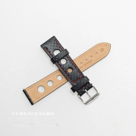 Curea piele GRAND PRIX fibra carbon neagra, cusături roșii 18mm - 38215 - Img 3