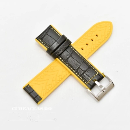 Curea hibrid silicon si piele model crocodil neagra cu galben 24mm - 4201024 - Img 2