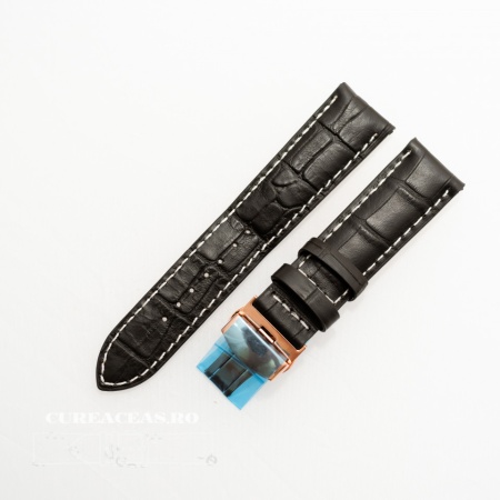 Curea piele vitel captusita negră cu cusătură albă și deployant rose gold 20 mm