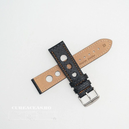 Curea piele GRAND PRIX fibra carbon neagra, cusături portocalii 22mm - 37856 - Img 2