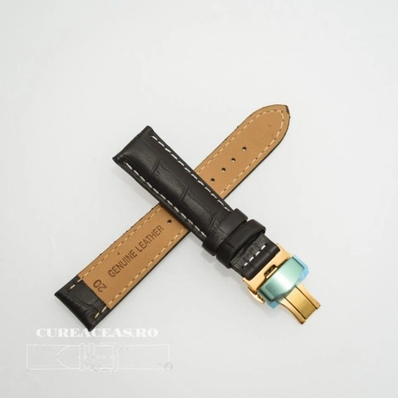 Curea piele vitel captusita negră cu cusătură albă și deployant auriu 18 mm - Img 2