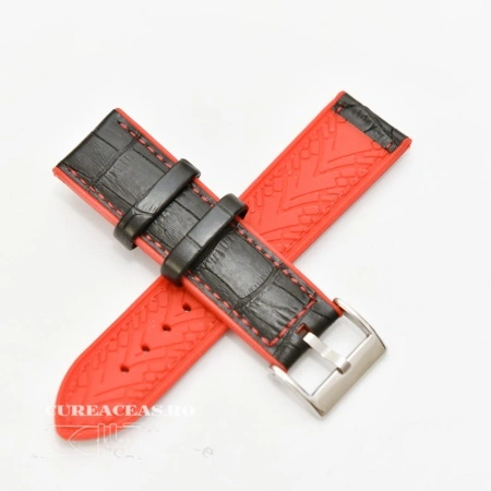 Curea hibrid silicon si piele model crocodil neagra cu rosu 22mm - 4205322 - Img 2
