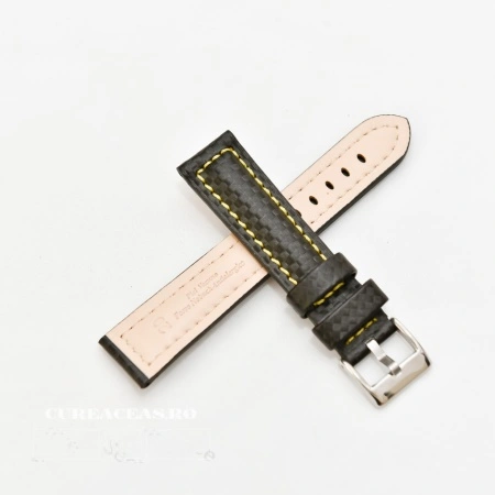 Curea piele tip fibra carbon neagră, cusătură galbenă, căptușită 24mm - 37424110 - Img 2