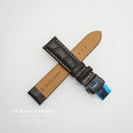 Curea piele vitel captusita negră cu cusătură albă și deployant negru 20 mm - Img 2
