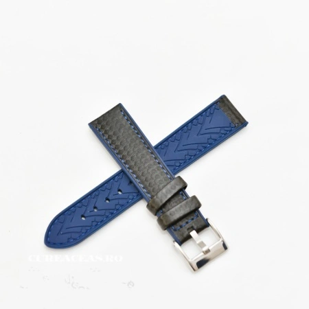 Curea hibrid silicon si piele fibra carbon neagra cu albastru 20mm - 4005220 - Img 2