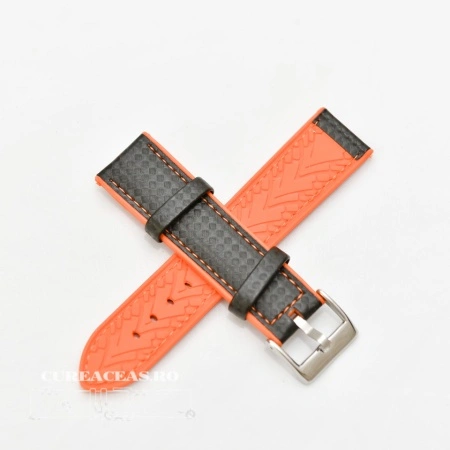 Curea hibrid silicon si piele fibra carbon neagra cu portocaliu 22mm - 4005622 - Img 2
