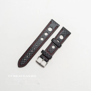 Curea piele GRAND PRIX fibra carbon neagra, cusături roșii 18mm - 38215 - Img 2