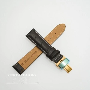 Curea piele vitel captusita negră cu cusătură albă și deployant auriu 22 mm - Img 2