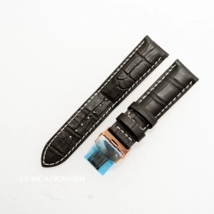 Curea piele vitel captusita negră cu cusătură albă și deployant rose gold 20 mm
