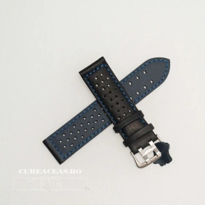 Curea perforata neagra cu cusătură albastră 18mm - 3805218 - Img 2