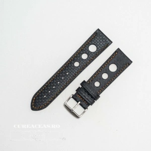 Curea piele GRAND PRIX fibra carbon neagra, cusături portocalii 24mm - 37857