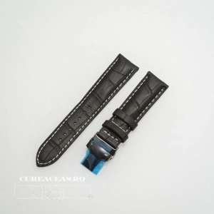 Curea piele vitel captusita negră cu cusătură albă și deployant negru 20 mm