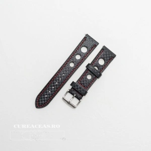 Curea piele GRAND PRIX fibra carbon neagra, cusături roșii 24mm - 37854