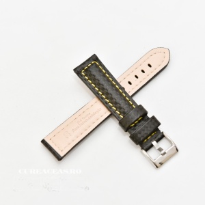 Curea piele tip fibra carbon neagră, cusătură galbenă, căptușită 24mm - 37424110 - Img 2