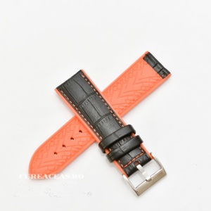 Curea hibrid silicon si piele model crocodil neagra cu portocaliu 24mm - 4205624 - Img 2