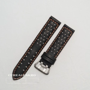 Curea perforata neagra cu cusătură portocalie 18mm - 385618