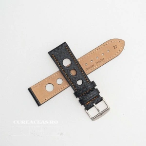 Curea piele GRAND PRIX fibra carbon neagra, cusături portocalii 18mm - 38216 - Img 3
