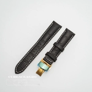 Curea piele vitel captusita negră cu cusătură albă și deployant auriu 22 mm