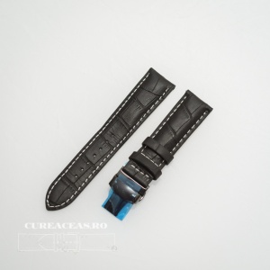Curea piele vitel captusita negră cu cusătură albă și deployant negru 22 mm