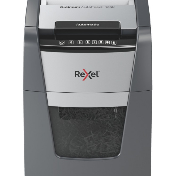 Distrugator automat documente Rexel OPTIMUM 100X-100 coli-P4-cross-cut (tip confeti)-cos 34 litri-negru-gri