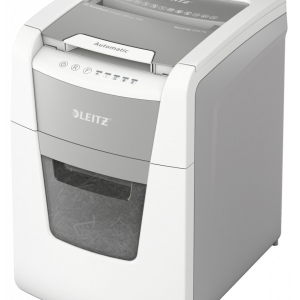 Distrugator automat documente Leitz IQ Small Office-100 coli-P4-cross-cut (tip confeti)-cos 34 litri-alb-gri-Leitz