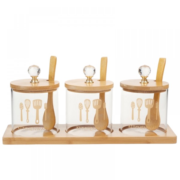 Set 3 recipiente pentru condimente din sticla, suport din lemn de bambus inclus, 250 ml