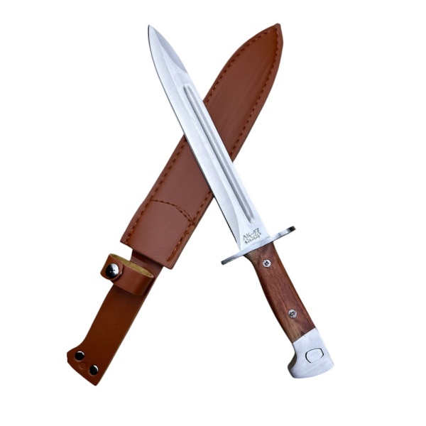 Cutit de vanatoare tip maceta AK-47 CCP, maner lemn, lama otel inoxidabil, teaca imitatie piele