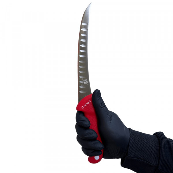 Cutit pentru transat si filetat, cu alveole, 32 cm, lama flexibila, otel inoxidabil, Germany Steel, Rosu