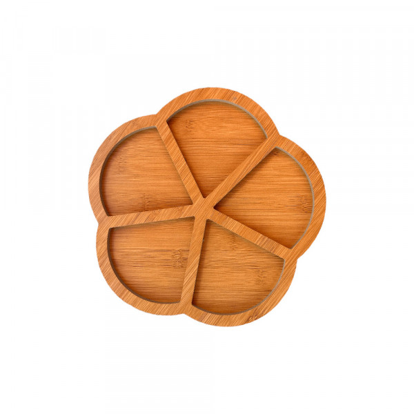 Platou pentru servire aperitive, forma floare, 5 compartimente, lemn bambus