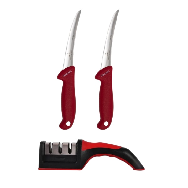 Set pentru macelarie, 2 cutite transat GS-Rosu si un dispozitiv manual ascutit cutite