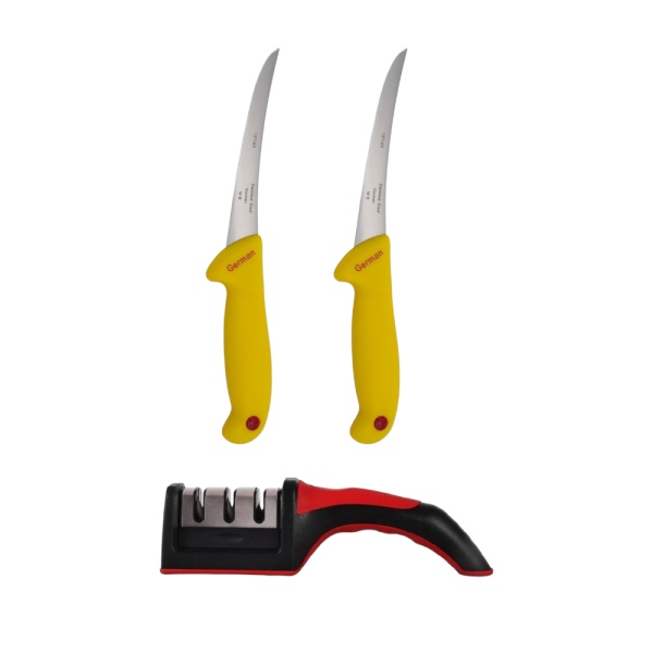 Set pentru macelarie, 2 cutite transat GS-Galben si un dispozitiv manual ascutit cutite