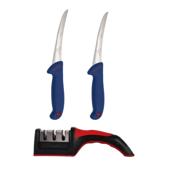 Set pentru macelarie, 2 cutite transat GS-Albastru si un dispozitiv manual ascutit cutite