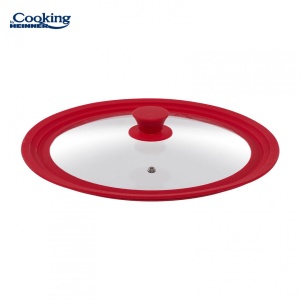 Capac de sticla termorezistenta cu margine din silicon ajustabila, 3 dimensiuni 28/30/32 cm, Rosu, Heinner - Img 2