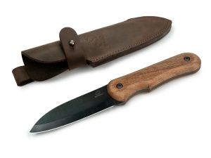 Cutit outdoor compact BSH5 BeaverCraft, lama full tang otel carbon 9.5 cm, teaca din piele de vaca, maner lemn - Img 2