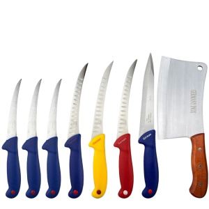 Set cutite macelarie, 3 cutite dezosare, 3 cutite transare, 1 cutit cu dublu tais si 1 satar cu maner din lemn, C1