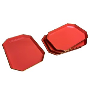 Set farfurii dreptunghiulare, 4 piese, margini aurii, 21,5x14,5 cm, Rosu