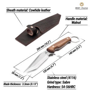 Cutit camping CGK1 BeaverCraft, lama fixa 12 cm, maner din lemn de nuc, teaca din piele naturala - Img 2